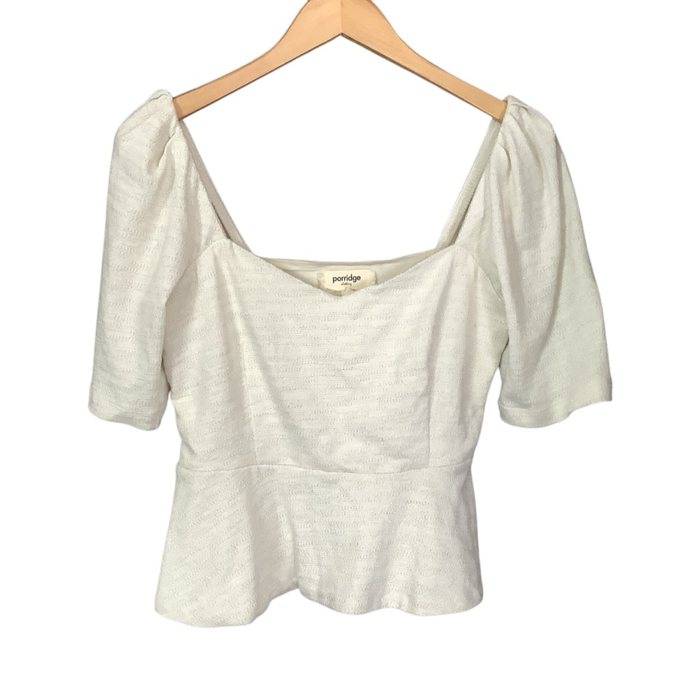Small Anthropologie Ivory Puff Sleeve Peplum Top by Porridge